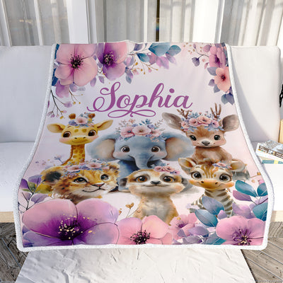 Personalized Baby Girl Blanket Custom Name Cute Safari Animals Giraffe Elephant Boho Floral Nursery Bedding Babies Gifts For Birthday Christmas Fleece Blanket | siriusteestore