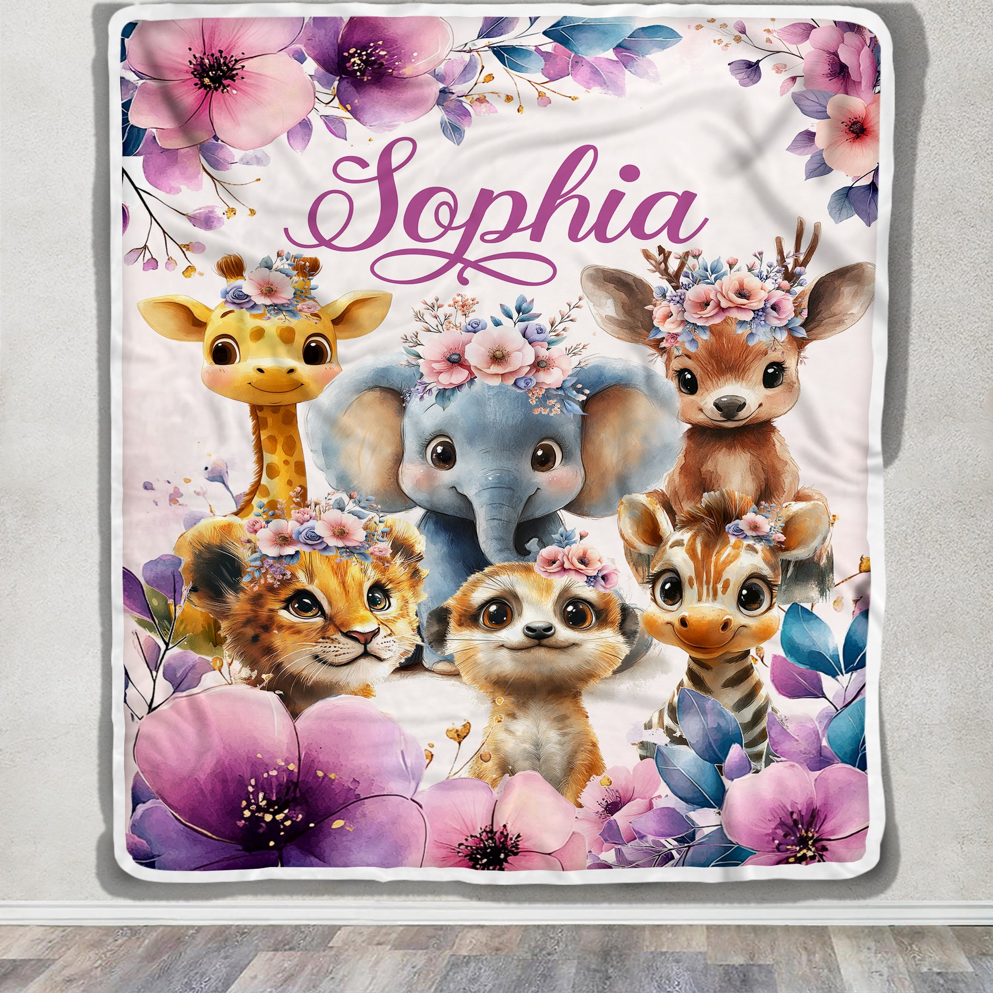 Personalized Baby Girl Blanket Custom Name Cute Safari Animals Giraffe Elephant Boho Floral Nursery Bedding Babies Gifts For Birthday Christmas Fleece Blanket | siriusteestore