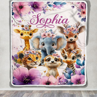 Personalized Baby Girl Blanket Custom Name Cute Safari Animals Giraffe Elephant Boho Floral Nursery Bedding Babies Gifts For Birthday Christmas Fleece Blanket | siriusteestore