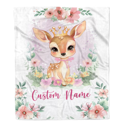 Personalized Baby Girl Blanket With Custom Name Newborn Pink Flowers Deer Daughter Niece Granddaughter Birthday Christmas Customized Bed Fleece Throw Blanket | siriusteestore