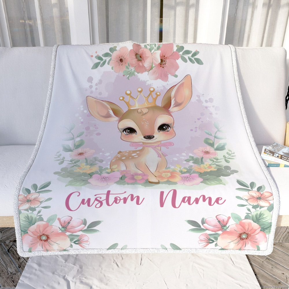 Personalized Baby Girl Blanket With Custom Name Newborn Pink Flowers Deer Daughter Niece Granddaughter Birthday Christmas Customized Bed Fleece Throw Blanket | siriusteestore
