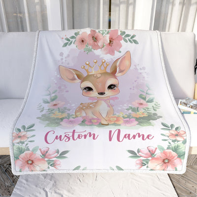Personalized Baby Girl Blanket With Custom Name Newborn Pink Flowers Deer Daughter Niece Granddaughter Birthday Christmas Customized Bed Fleece Throw Blanket | siriusteestore