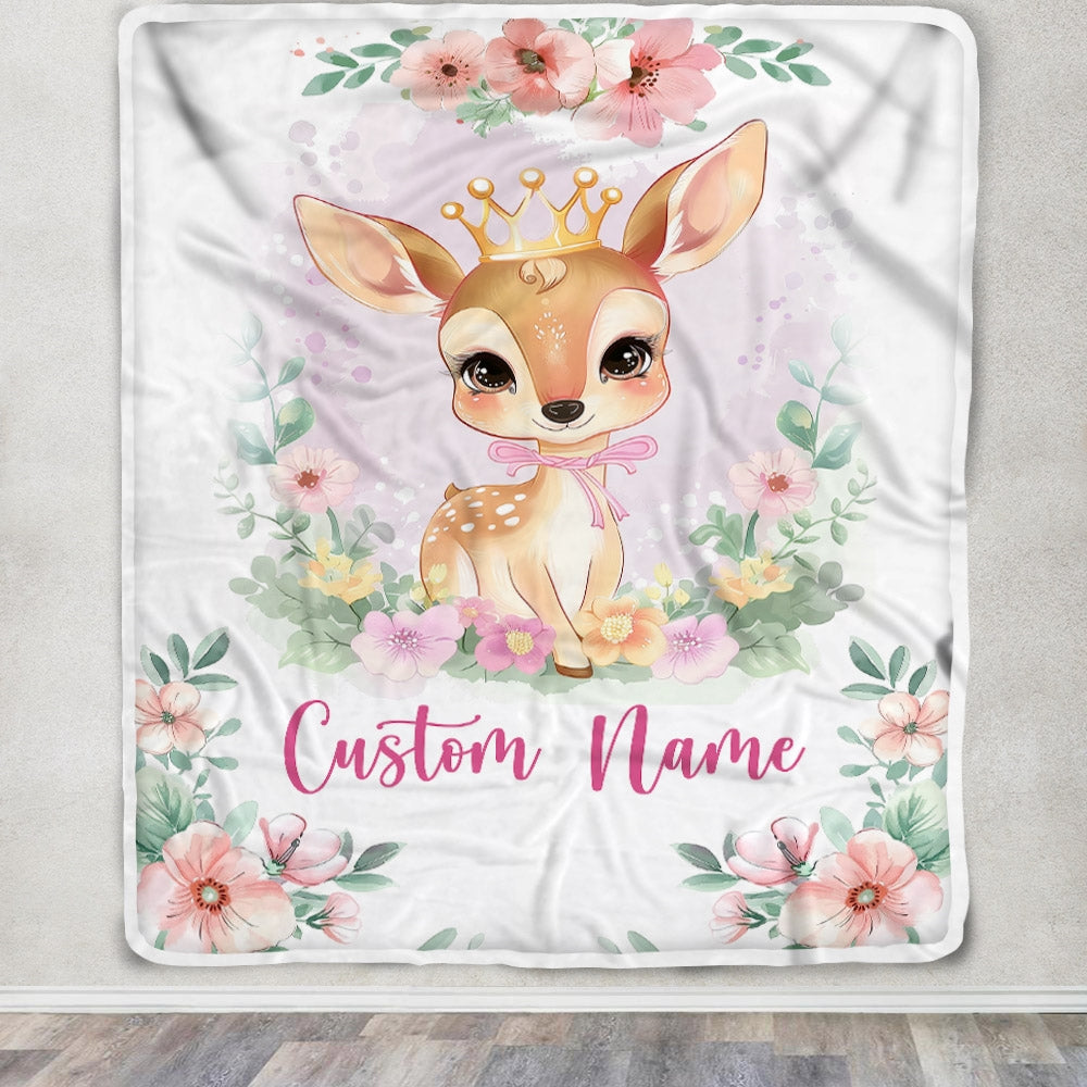 Personalized Baby Girl Blanket With Custom Name Newborn Pink Flowers Deer Daughter Niece Granddaughter Birthday Christmas Customized Bed Fleece Throw Blanket | siriusteestore