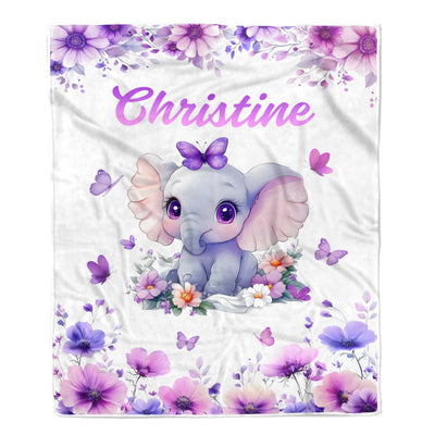 Personalized Baby Girl Elephant Lavender Blanket Cute Cartoon Elephant Flowers Butterflies Custom Name Nursery Brithday Gift Christmas Bedding Fleece Blanket | siriusteestore