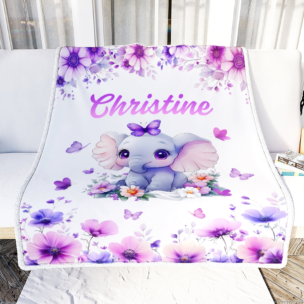 Personalized Baby Girl Elephant Lavender Blanket Cute Cartoon Elephant Flowers Butterflies Custom Name Nursery Brithday Gift Christmas Bedding Fleece Blanket | siriusteestore