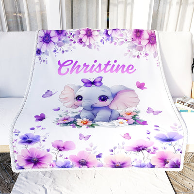 Personalized Baby Girl Elephant Lavender Blanket Cute Cartoon Elephant Flowers Butterflies Custom Name Nursery Brithday Gift Christmas Bedding Fleece Blanket | siriusteestore