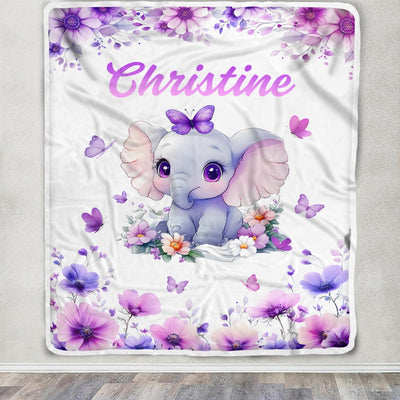 Personalized Baby Girl Elephant Lavender Blanket Cute Cartoon Elephant Flowers Butterflies Custom Name Nursery Brithday Gift Christmas Bedding Fleece Blanket | siriusteestore