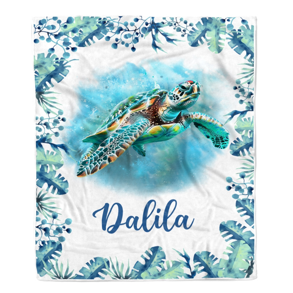 Personalized Baby Name Blanket Girl Cute Watercolor Sea Turtle Nursery Baby Kids Son Daughter Granddaughter Niece Birthday Customized Christmas Fleece Blanket | siriusteestore