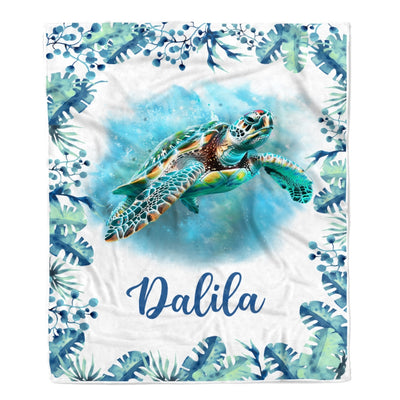 Personalized Baby Name Blanket Girl Cute Watercolor Sea Turtle Nursery Baby Kids Son Daughter Granddaughter Niece Birthday Customized Christmas Fleece Blanket | siriusteestore