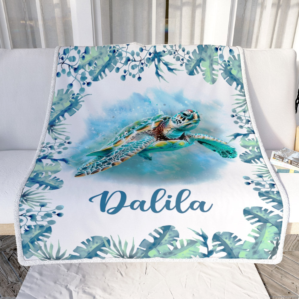 Personalized Baby Name Blanket Girl Cute Watercolor Sea Turtle Nursery Baby Kids Son Daughter Granddaughter Niece Birthday Customized Christmas Fleece Blanket | siriusteestore