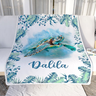 Personalized Baby Name Blanket Girl Cute Watercolor Sea Turtle Nursery Baby Kids Son Daughter Granddaughter Niece Birthday Customized Christmas Fleece Blanket | siriusteestore