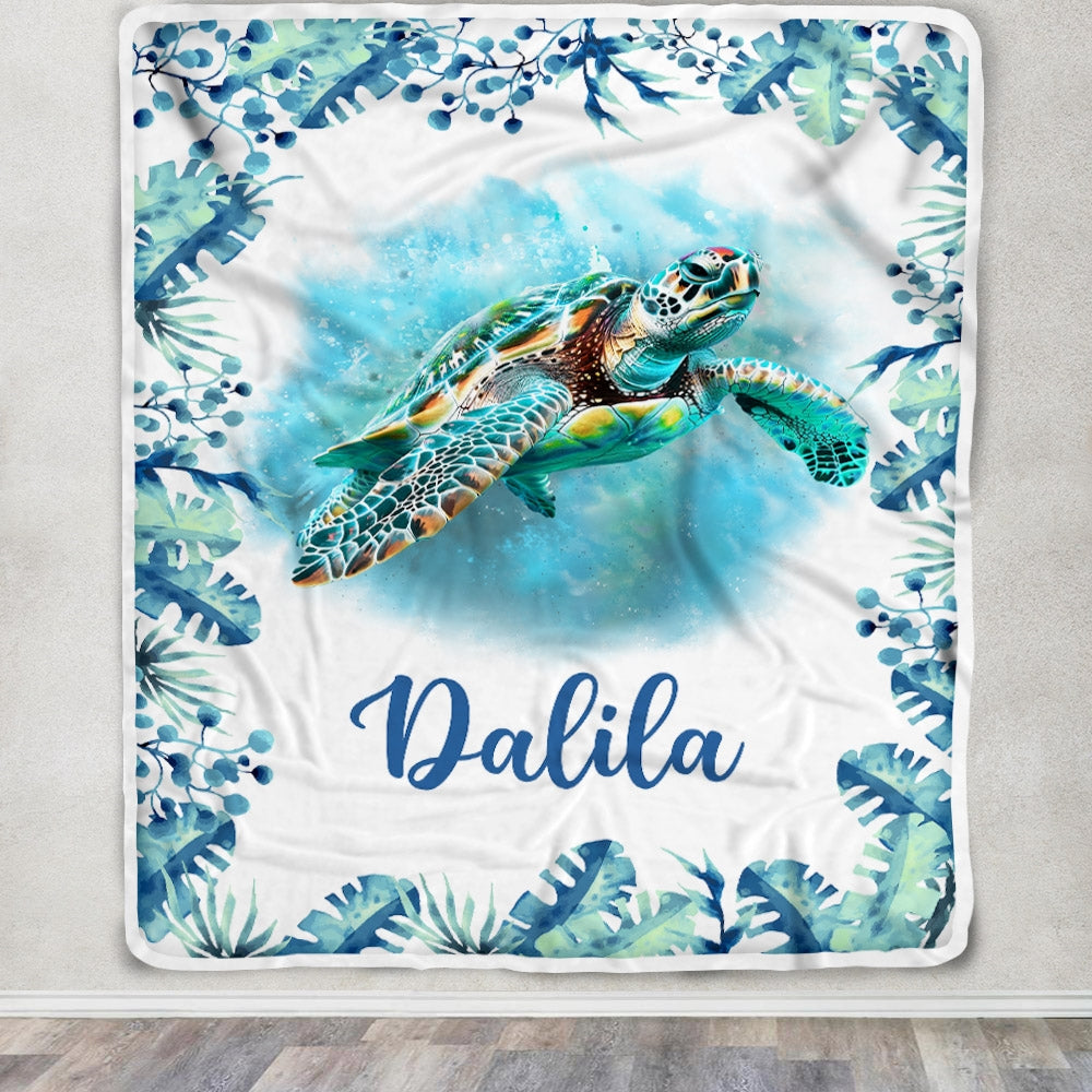 Personalized Baby Name Blanket Girl Cute Watercolor Sea Turtle Nursery Baby Kids Son Daughter Granddaughter Niece Birthday Customized Christmas Fleece Blanket | siriusteestore