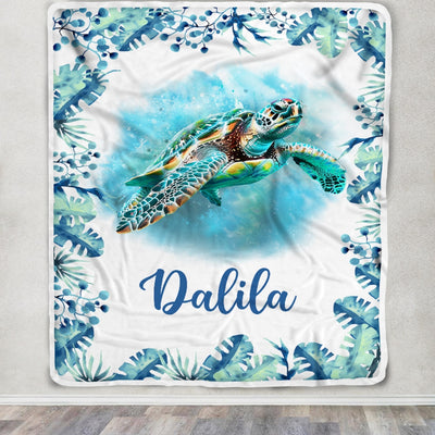 Personalized Baby Name Blanket Girl Cute Watercolor Sea Turtle Nursery Baby Kids Son Daughter Granddaughter Niece Birthday Customized Christmas Fleece Blanket | siriusteestore
