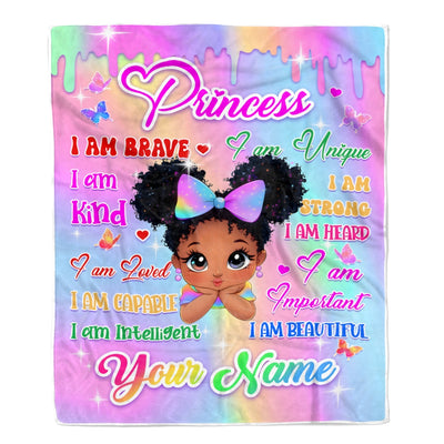 Personalized Baby Princess Blanket For Girls Custom Name Cute Cartoon Black Girl With Butterflies Pink Drip Afro Kids Birthday Gift Daughter Fleece Blanket | siriusteestore