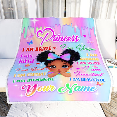 Personalized Baby Princess Blanket For Girls Custom Name Cute Cartoon Black Girl With Butterflies Pink Drip Afro Kids Birthday Gift Daughter Fleece Blanket | siriusteestore
