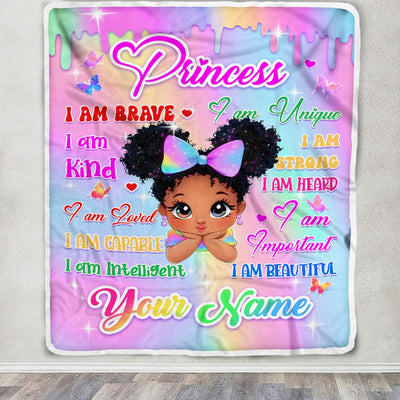 Personalized Baby Princess Blanket For Girls Custom Name Cute Cartoon Black Girl With Butterflies Pink Drip Afro Kids Birthday Gift Daughter Fleece Blanket | siriusteestore