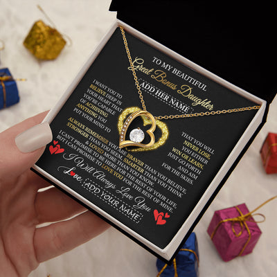 Forever Love Necklace 18K Yellow Gold Finish | 2 | Personalized Beautiful Gift For Bonus Daughter From Step Mom Dad Graduation Necklace Great Stepdaughter Gifts Birthday Christmas Custom Gift Box Message Card | siriusteestore