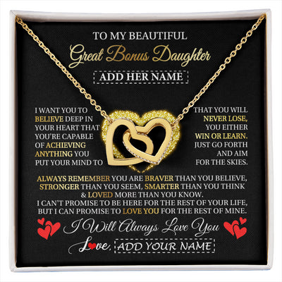 Interlocking Hearts Necklace 18K Yellow Gold Finish | 1 | Personalized Beautiful Gift For Bonus Daughter From Step Mom Dad Graduation Necklace Great Stepdaughter Gifts Birthday Christmas Custom Gift Box Message Card | siriusteestore