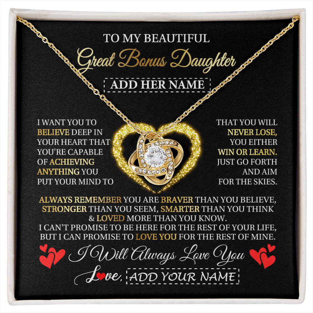 Love Knot Necklace 18K Yellow Gold Finish | 1 | Personalized Beautiful Gift For Bonus Daughter From Step Mom Dad Graduation Necklace Great Stepdaughter Gifts Birthday Christmas Custom Gift Box Message Card | siriusteestore