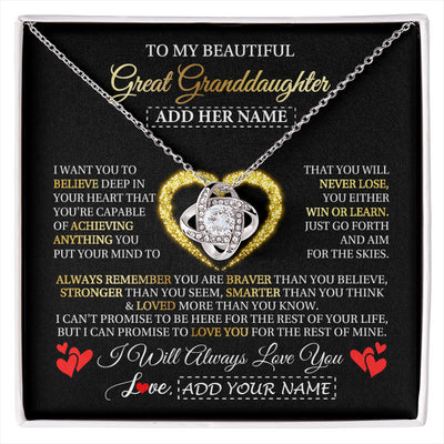 Love Knot Necklace 14K White Gold Finish | 1 | Personalized Beautiful Gift For Granddaughter From Grandma Grandpa Graduation Necklace Great Granddaughter Gifts Birthday Christmas Gift Box Message Card | siriusteestore