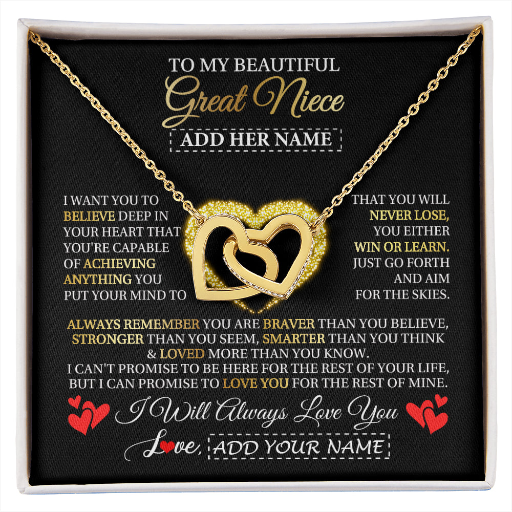 Interlocking Hearts Necklace 18K Yellow Gold Finish | 1 | Personalized Beautiful Gift For Niece From Aunt Uncle Auntie Graduation Necklace Great Niece Gifts Birthday Christmas Customized Gift Box Message Card | siriusteestore