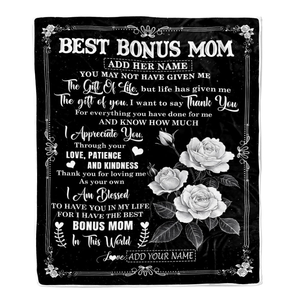 Personalized Best Bonus Mom Gifts Blanket Happy Mother's Day Gift For Step Mom Meaningful Family Quote Stepmom Birthday Christmas Custom Fleece Throw Blanket | siriusteestore