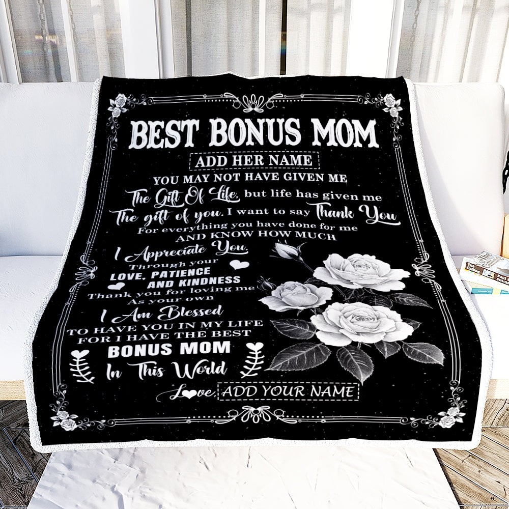 Personalized Best Bonus Mom Gifts Blanket Happy Mother's Day Gift For Step Mom Meaningful Family Quote Stepmom Birthday Christmas Custom Fleece Throw Blanket | siriusteestore