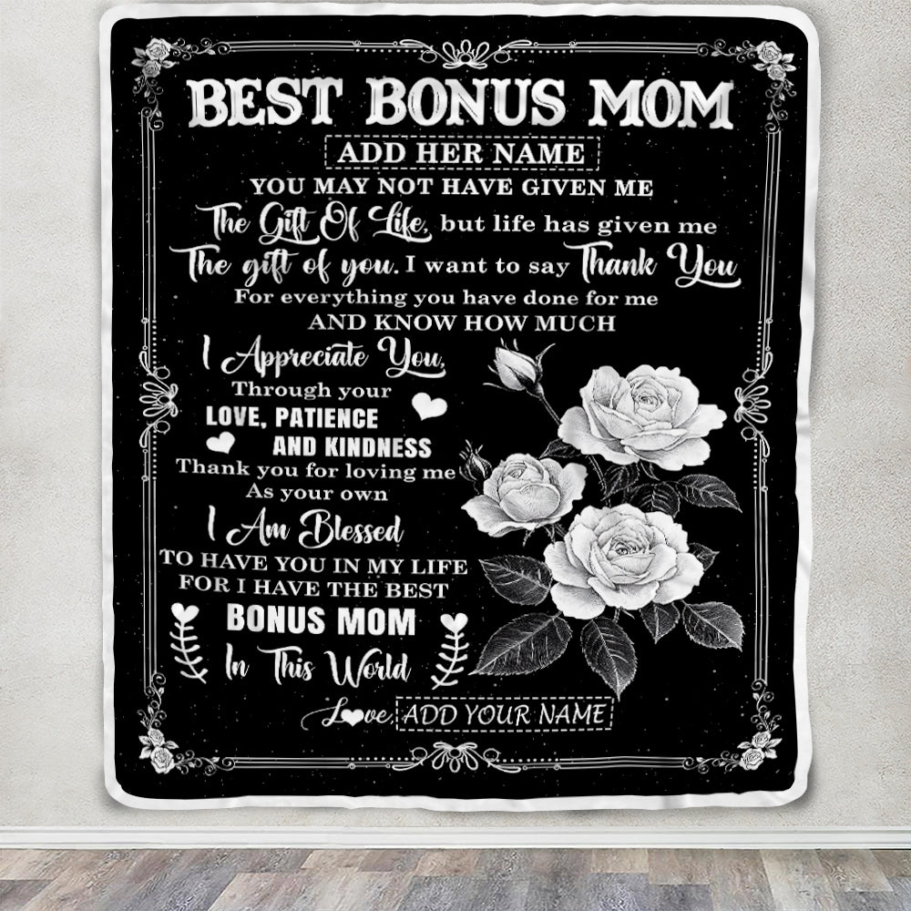 Personalized Best Bonus Mom Gifts Blanket Happy Mother's Day Gift For Step Mom Meaningful Family Quote Stepmom Birthday Christmas Custom Fleece Throw Blanket | siriusteestore