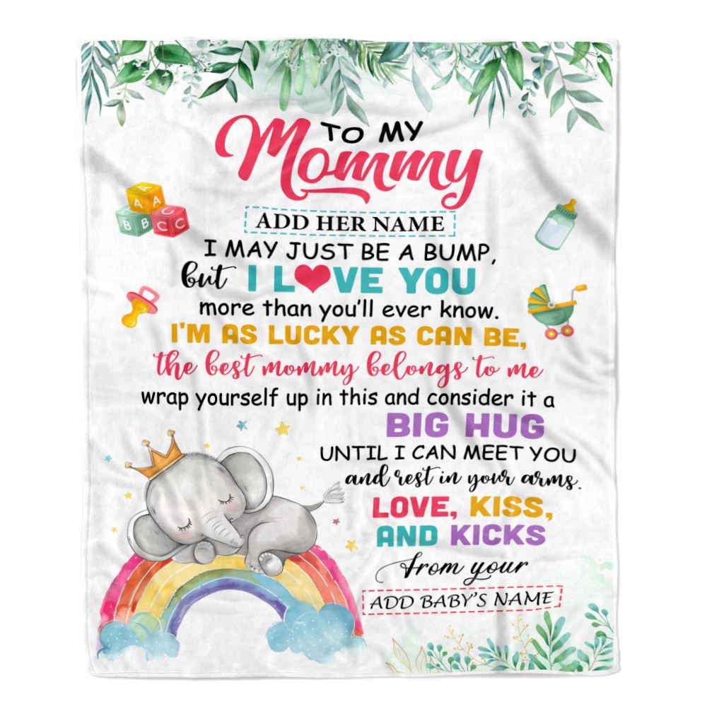 Personalized Blanket For Mommy From Baby Bump Mommy Baby Elephant First Time Mom 1st Mother's Day Custom Name Mommy Baby Gifts Customized Fleece Throw Blanket | siriusteestore