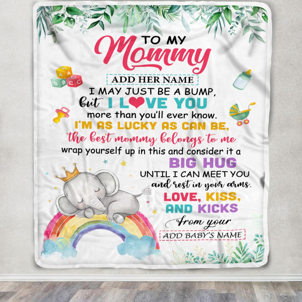 Personalized Blanket For Mommy From Baby Bump Mommy Baby Elephant First Time Mom 1st Mother's Day Custom Name Mommy Baby Gifts Customized Fleece Throw Blanket | siriusteestore