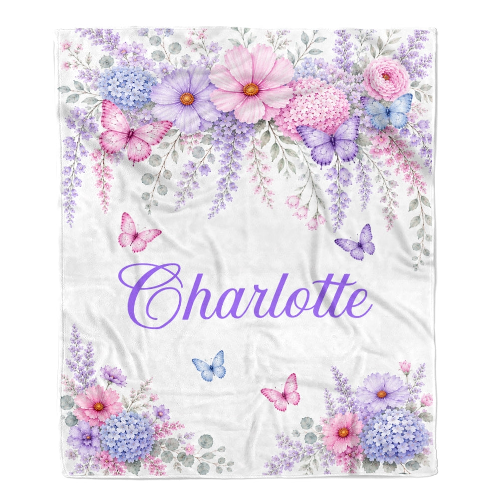 Personalized Butterfly Floral Baby Blanket Custom Name Nursery Throw Pink Purple Floral Girls Kids Toddler Bed Decor Birthday Gift Christmas Fleece Blanket | siriusteestore