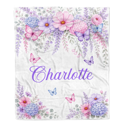 Personalized Butterfly Floral Baby Blanket Custom Name Nursery Throw Pink Purple Floral Girls Kids Toddler Bed Decor Birthday Gift Christmas Fleece Blanket | siriusteestore
