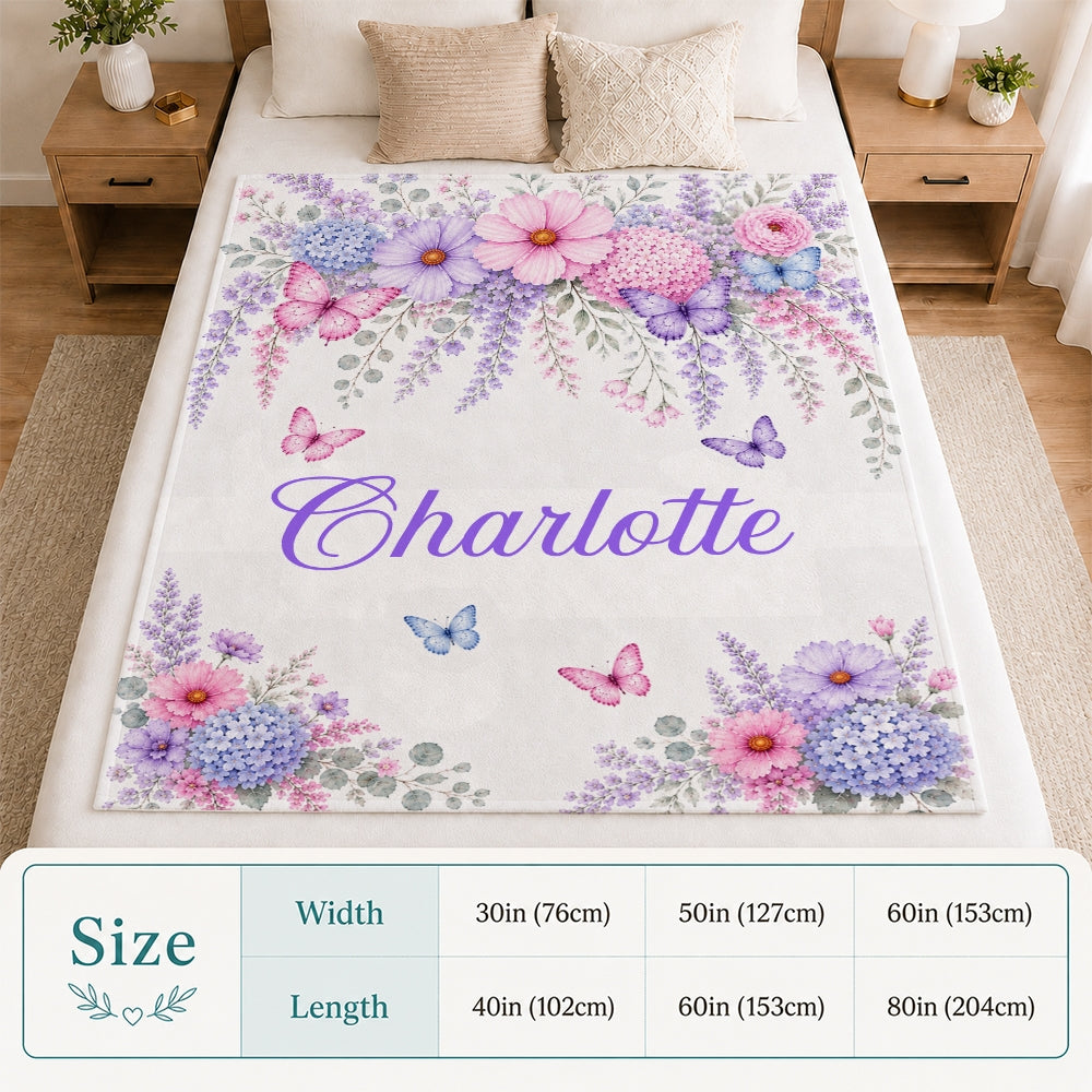 Personalized Butterfly Floral Baby Blanket Custom Name Nursery Throw Pink Purple Floral Girls Kids Toddler Bed Decor Birthday Gift Christmas Fleece Blanket | siriusteestore