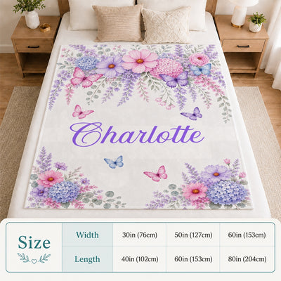 Personalized Butterfly Floral Baby Blanket Custom Name Nursery Throw Pink Purple Floral Girls Kids Toddler Bed Decor Birthday Gift Christmas Fleece Blanket | siriusteestore
