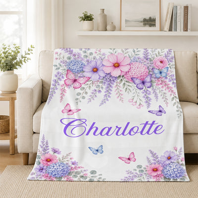 Personalized Butterfly Floral Baby Blanket Custom Name Nursery Throw Pink Purple Floral Girls Kids Toddler Bed Decor Birthday Gift Christmas Fleece Blanket | siriusteestore