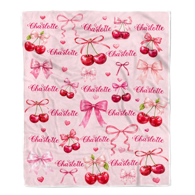Personalized Cherry Blanket Custom Name Love You Pink Coquette Bows Hearts Gift For Girls Daughter Girlfriend Birthday Valentines Christmas Fleece Blanket | siriusteestore