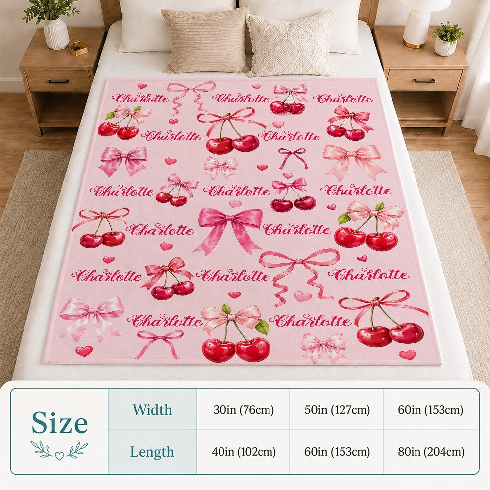 Personalized Cherry Blanket Custom Name Love You Pink Coquette Bows Hearts Gift For Girls Daughter Girlfriend Birthday Valentines Christmas Fleece Blanket | siriusteestore