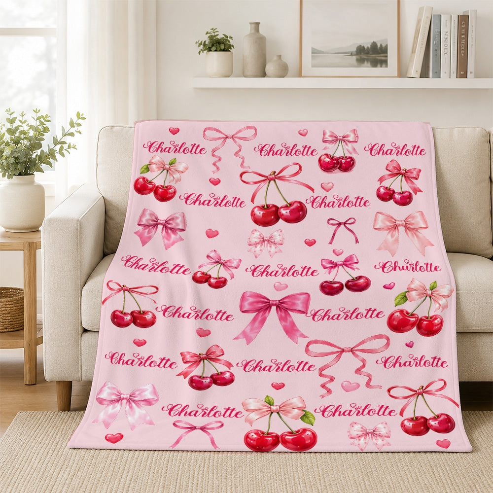 Personalized Cherry Blanket Custom Name Love You Pink Coquette Bows Hearts Gift For Girls Daughter Girlfriend Birthday Valentines Christmas Fleece Blanket | siriusteestore