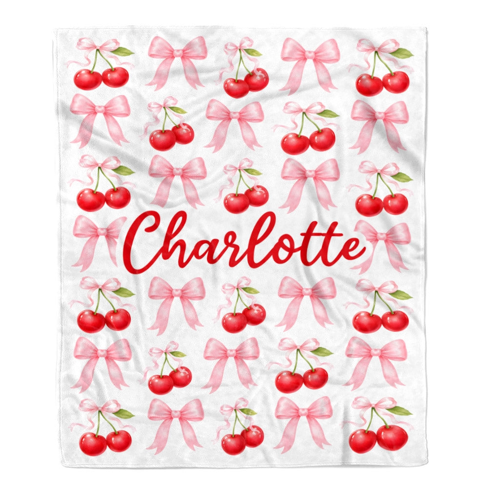 Personalized Cherry Bow Blanket Coquette Aesthetic Pink Red Cherries Bows Custom Name Cute Girly Gift For Girls Women Kids Birthday Christmas Fleece Blanket | siriusteestore