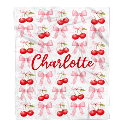 Personalized Cherry Bow Blanket Coquette Aesthetic Pink Red Cherries Bows Custom Name Cute Girly Gift For Girls Women Kids Birthday Christmas Fleece Blanket | siriusteestore