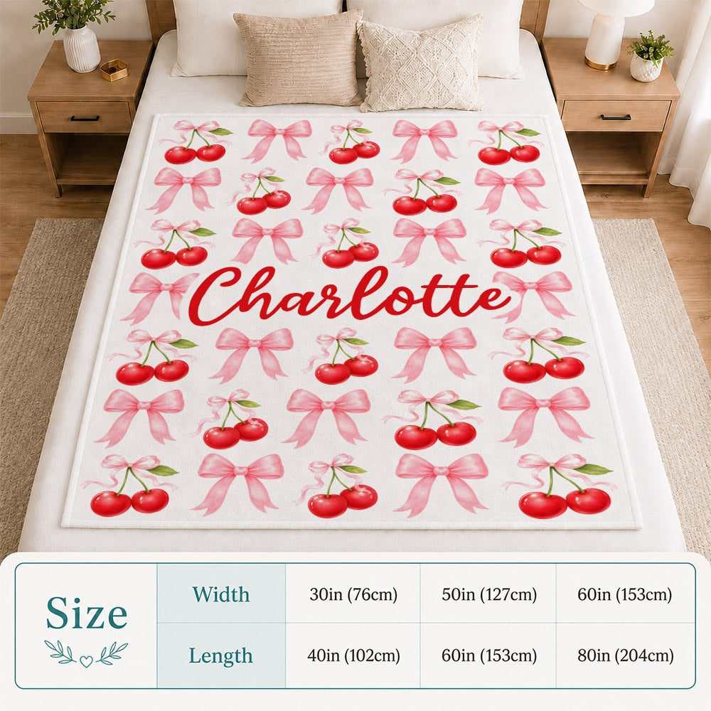 Personalized Cherry Bow Blanket Coquette Aesthetic Pink Red Cherries Bows Custom Name Cute Girly Gift For Girls Women Kids Birthday Christmas Fleece Blanket | siriusteestore
