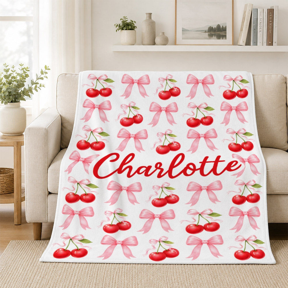 Personalized Cherry Bow Blanket Coquette Aesthetic Pink Red Cherries Bows Custom Name Cute Girly Gift For Girls Women Kids Birthday Christmas Fleece Blanket | siriusteestore