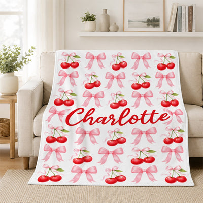 Personalized Cherry Bow Blanket Coquette Aesthetic Pink Red Cherries Bows Custom Name Cute Girly Gift For Girls Women Kids Birthday Christmas Fleece Blanket | siriusteestore