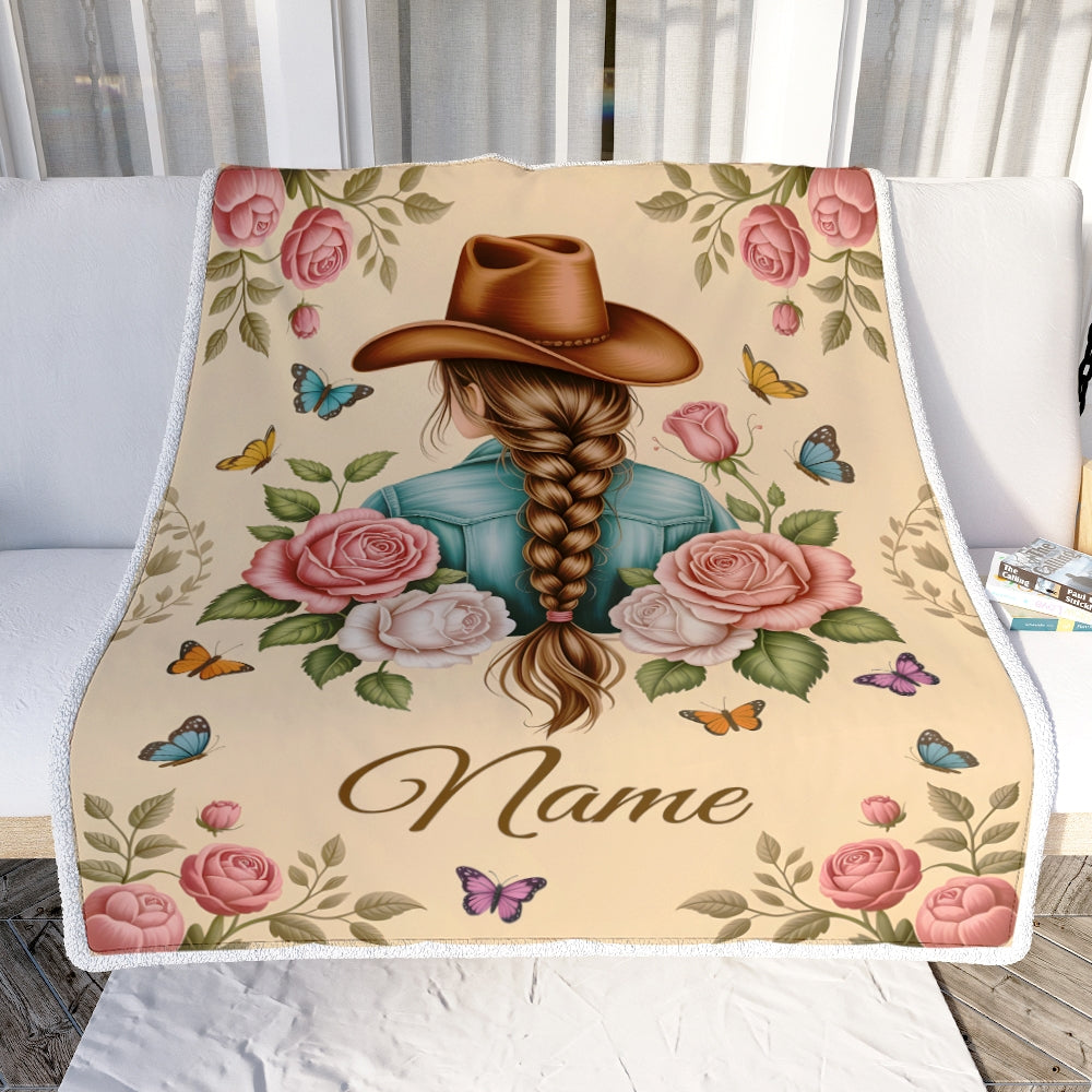 Personalized Cowgirl Name Blanket Vintage Western Floral Butterfly Gift For Women Girls Daughter Birthday Christmas Country Style Custom Fleece Throw Blanket | siriusteestore