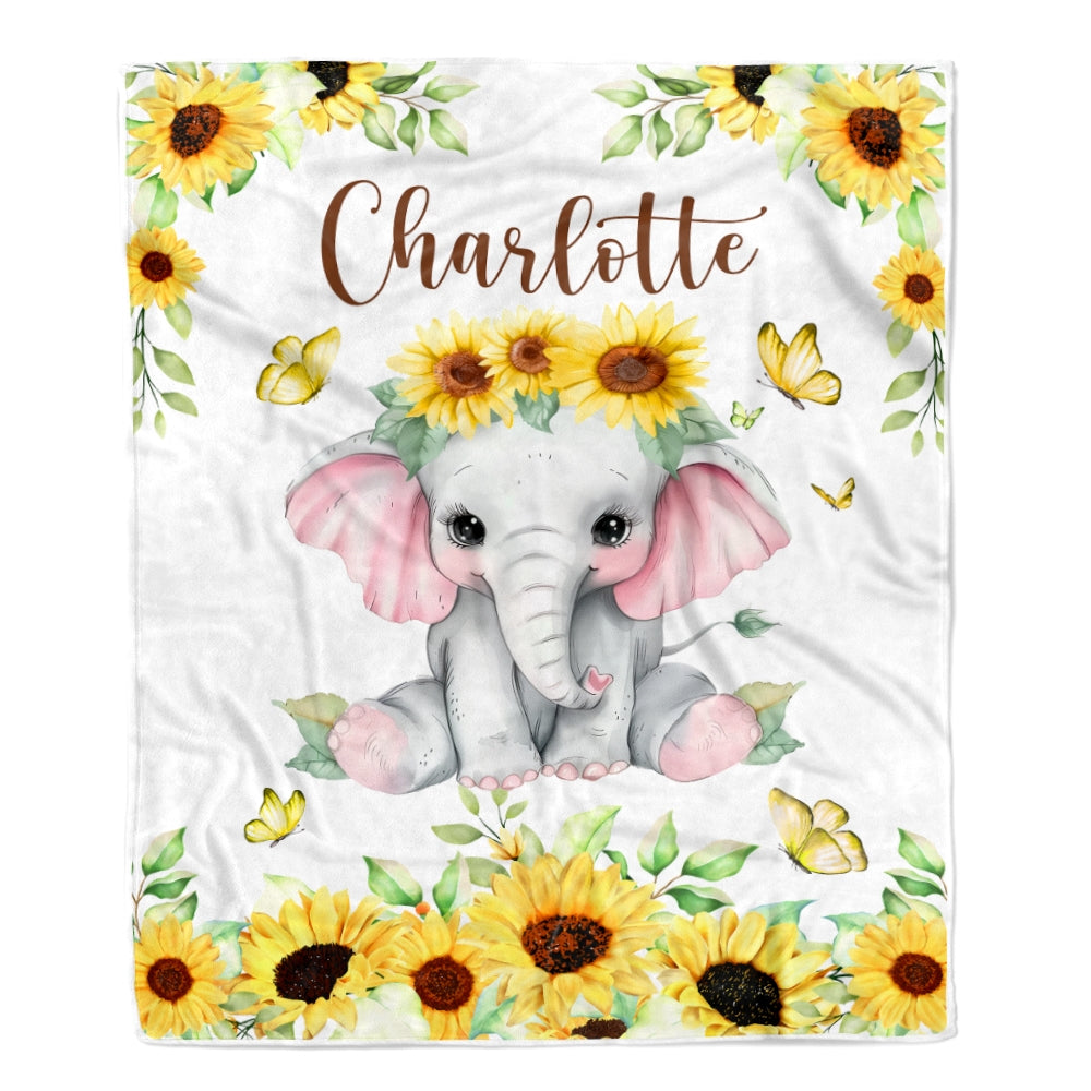 Personalized Custom Baby Blanket With Name Elephant Newborn Sunflower Baby Girl Children Kids Daughter Granddaughter Niece Birthday Christmas Fleece Blanket | siriusteestore