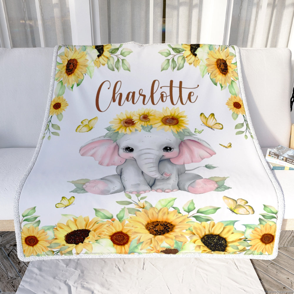 Personalized Custom Baby Blanket With Name Elephant Newborn Sunflower Baby Girl Children Kids Daughter Granddaughter Niece Birthday Christmas Fleece Blanket | siriusteestore