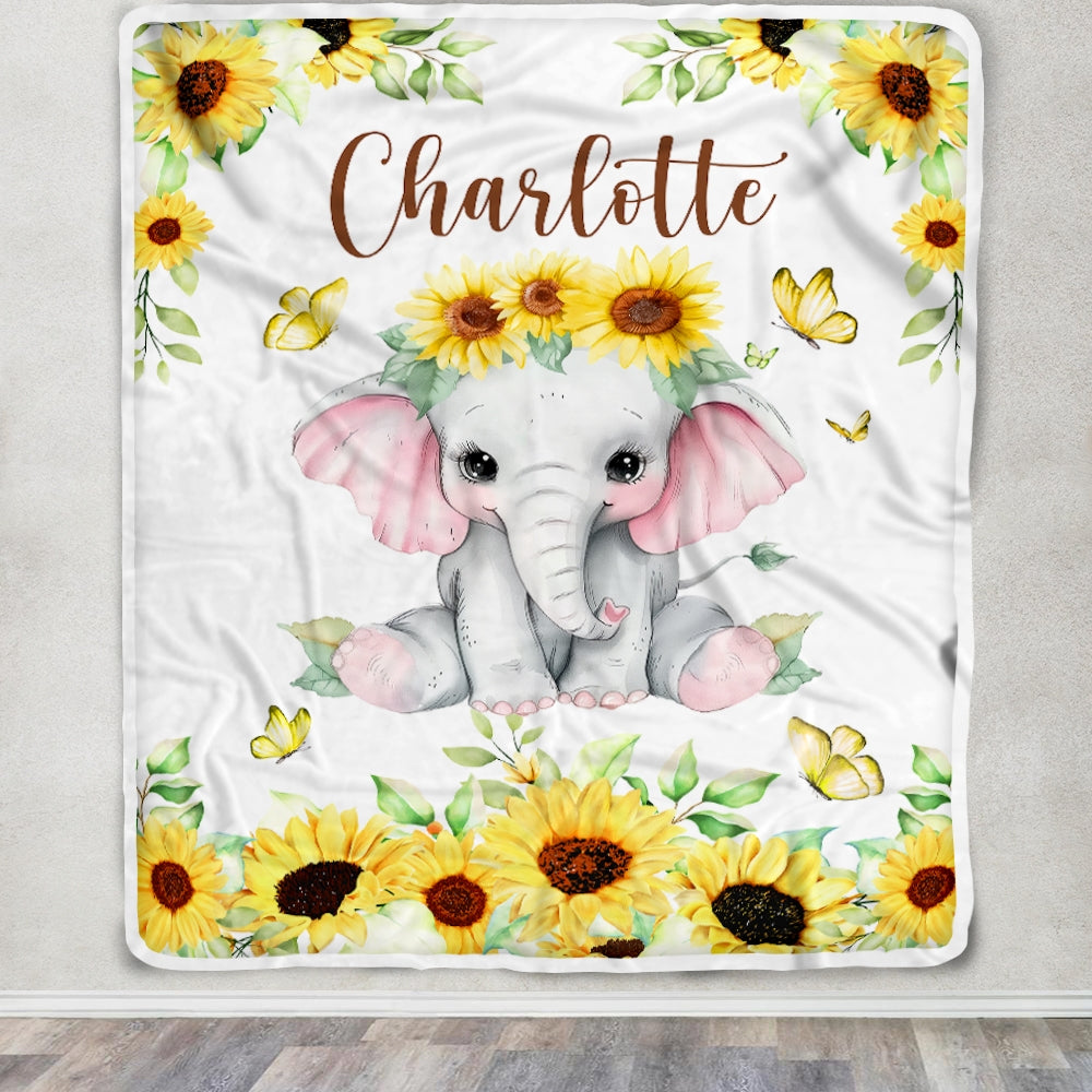 Personalized Custom Baby Blanket With Name Elephant Newborn Sunflower Baby Girl Children Kids Daughter Granddaughter Niece Birthday Christmas Fleece Blanket | siriusteestore