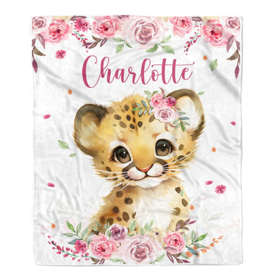 Personalized Custom Baby Blanket With Name Girl Lion Newborn Pink Flower Baby Girl Children Kid Daughter Granddaughter Niece Birthday Christmas Fleece Blanket | siriusteestore