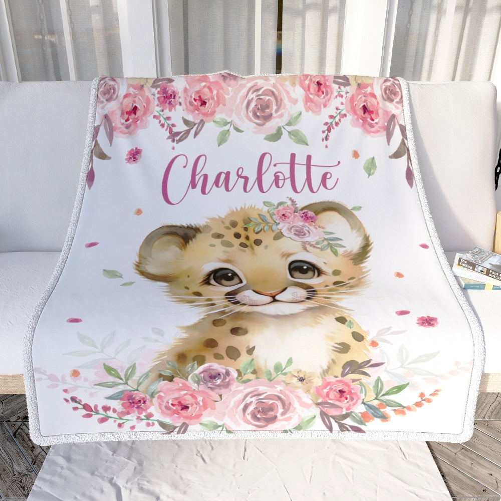 Personalized Custom Baby Blanket With Name Girl Lion Newborn Pink Flower Baby Girl Children Kid Daughter Granddaughter Niece Birthday Christmas Fleece Blanket | siriusteestore