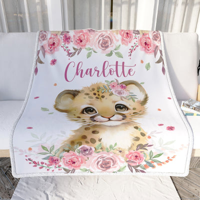 Personalized Custom Baby Blanket With Name Girl Lion Newborn Pink Flower Baby Girl Children Kid Daughter Granddaughter Niece Birthday Christmas Fleece Blanket | siriusteestore